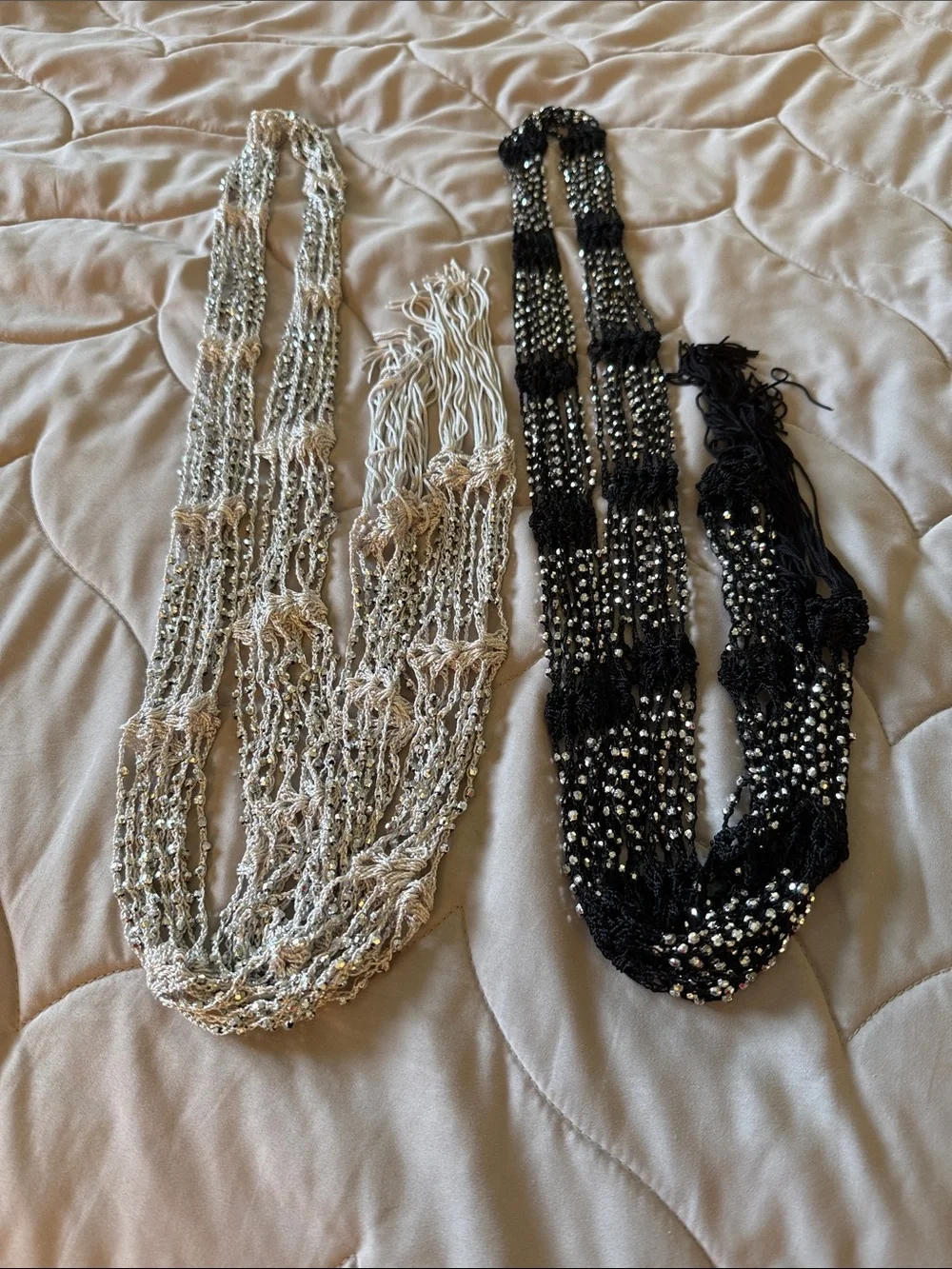 TWO Beaded Multi-Strand Statement Necklaces/Scarves - Black and Cream
